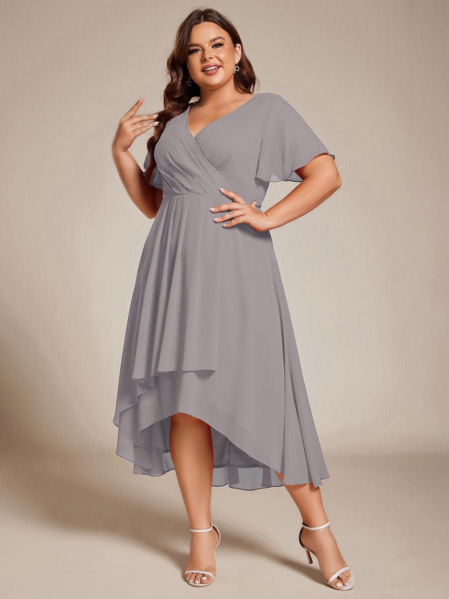 Pleated V-Neck Plus Size High Low Dress with Short Sleeves #color_Grey