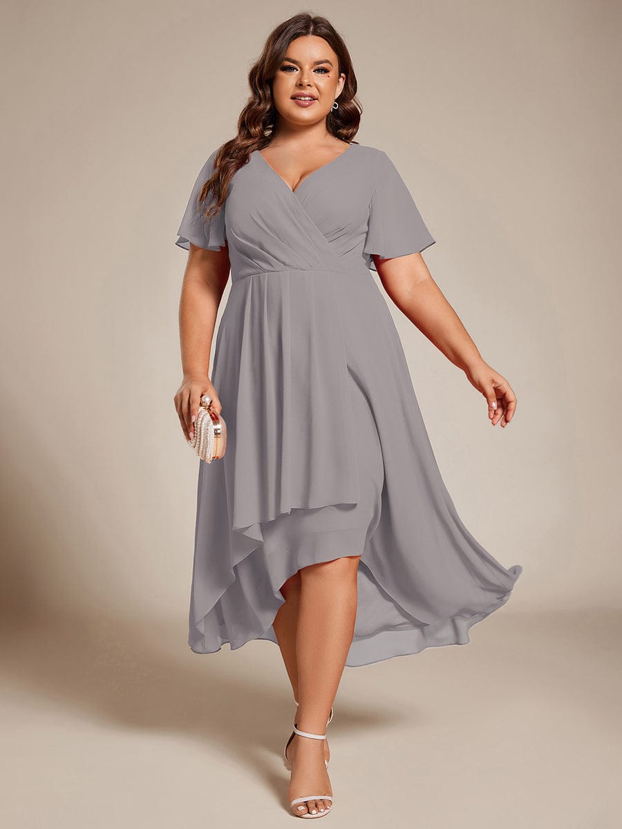 Pleated V-Neck Plus Size High Low Dress with Short Sleeves #color_Grey