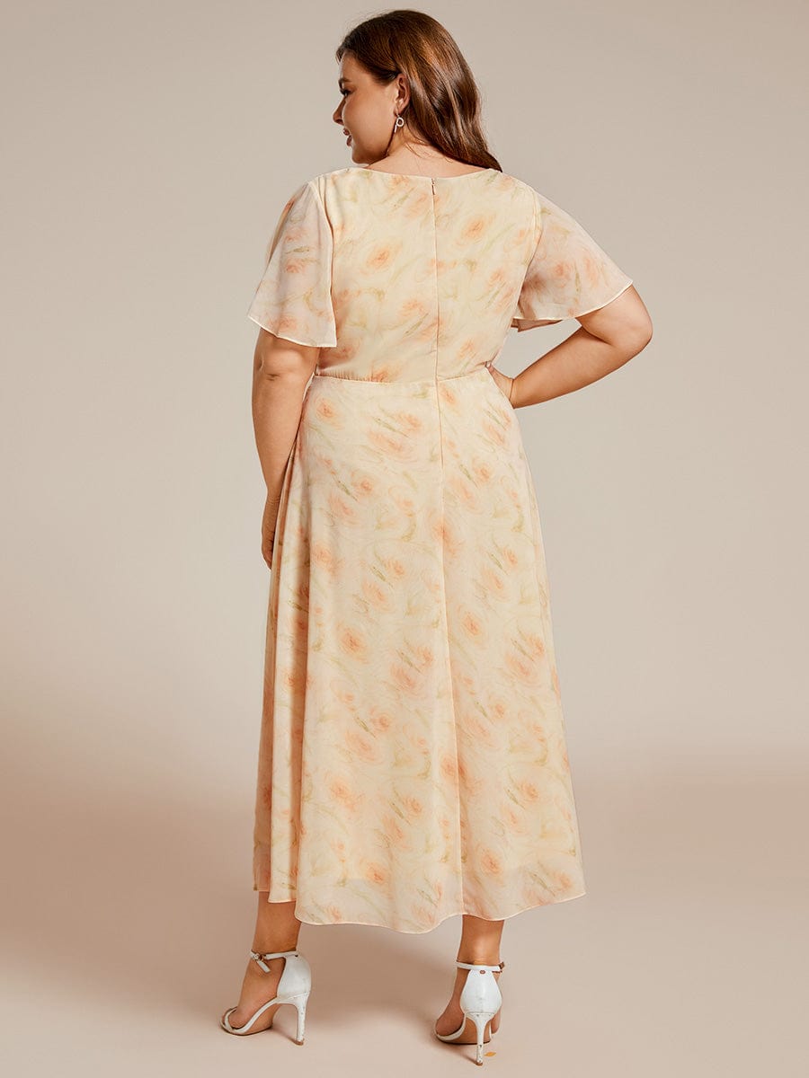 Pleated V-Neck Plus Size High Low Dress with Short Sleeves #color_Golden Roses