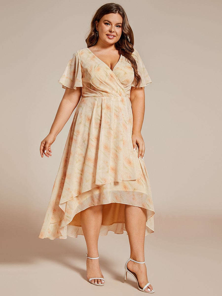 Pleated V-Neck Plus Size High Low Dress with Short Sleeves #color_Golden Roses