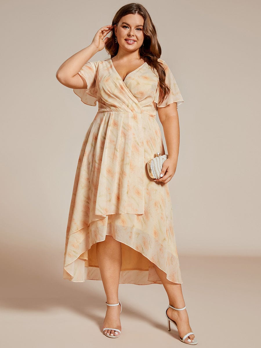 Pleated V-Neck Plus Size High Low Dress with Short Sleeves #color_Golden Roses