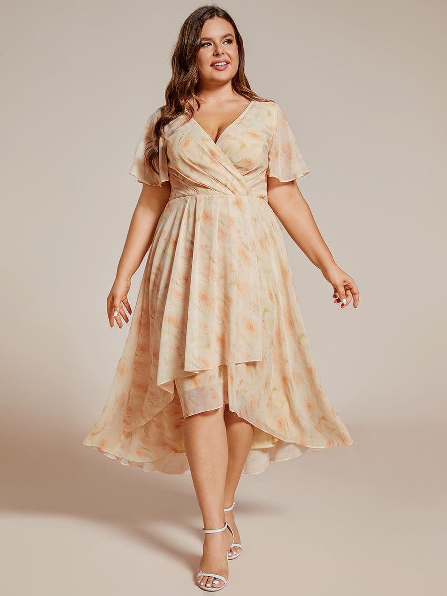 Pleated V-Neck Plus Size High Low Dress with Short Sleeves #color_Golden Roses