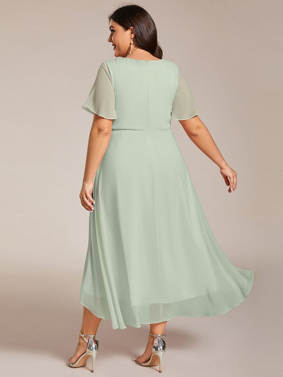 Pleated V-Neck Plus Size High Low Dress with Short Sleeves #color_Sage Green