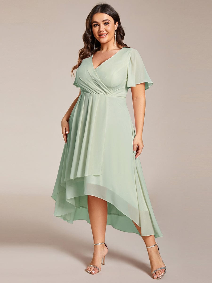 Pleated V-Neck Plus Size High Low Dress with Short Sleeves #color_Sage Green