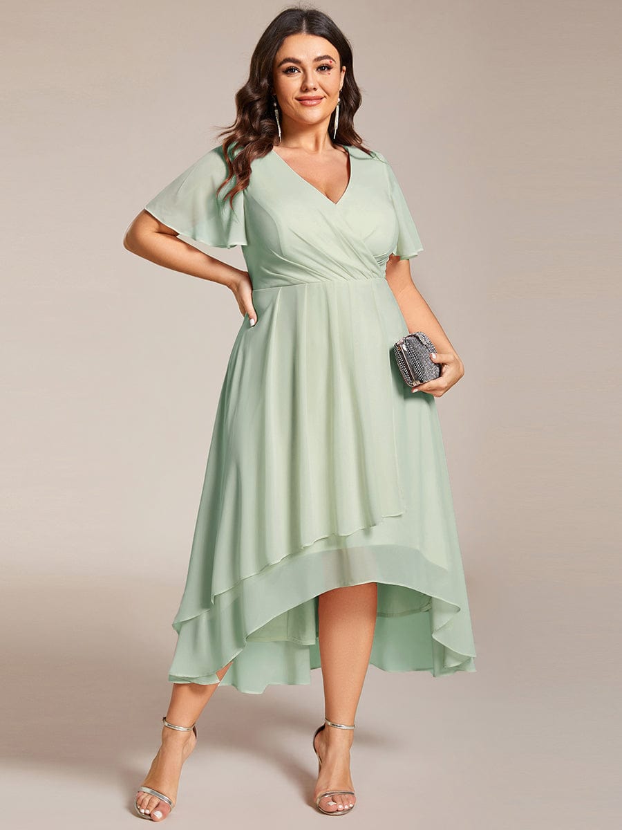 Pleated V-Neck Plus Size High Low Dress with Short Sleeves #color_Sage Green