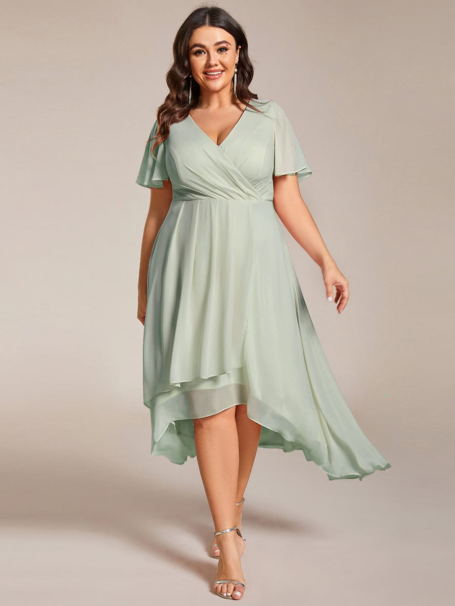 Pleated V-Neck Plus Size High Low Dress with Short Sleeves #color_Sage Green