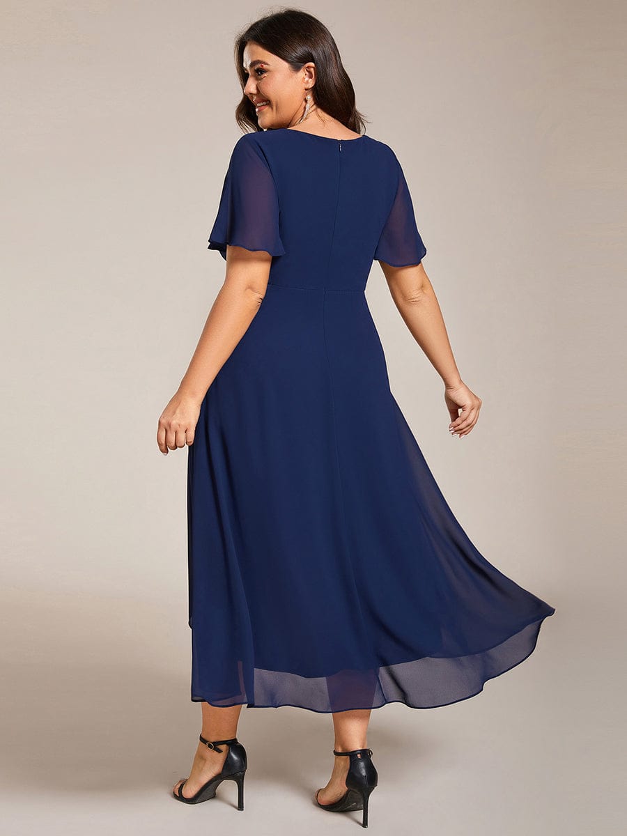 Pleated V-Neck Plus Size High Low Dress with Short Sleeves #color_Navy Blue