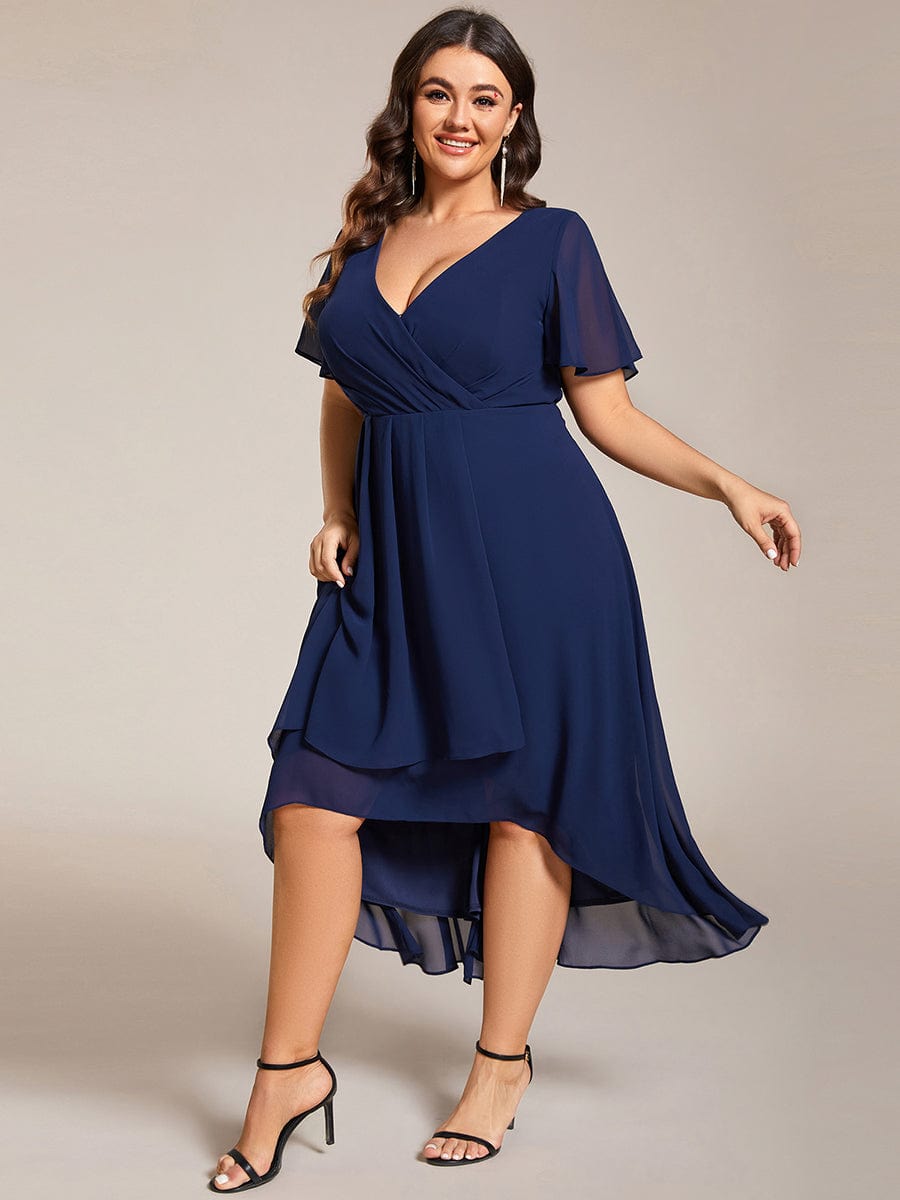 Pleated V-Neck Plus Size High Low Dress with Short Sleeves #color_Navy Blue