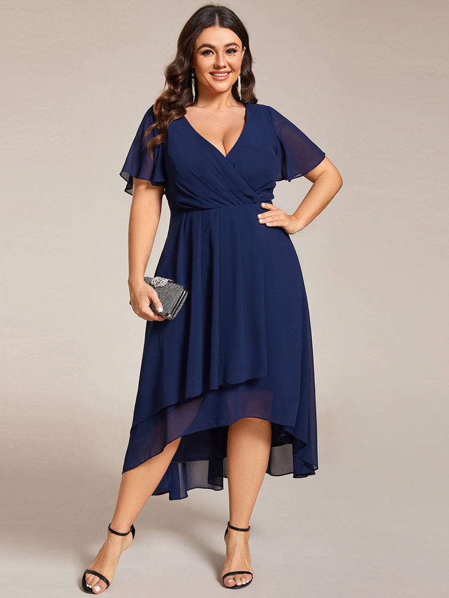 Pleated V-Neck Plus Size High Low Dress with Short Sleeves #color_Navy Blue