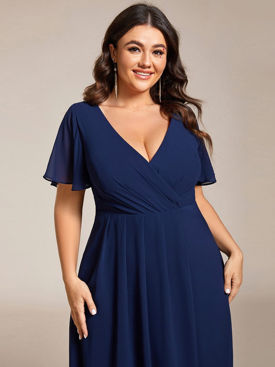 Pleated V-Neck Plus Size High Low Dress with Short Sleeves #color_Navy Blue