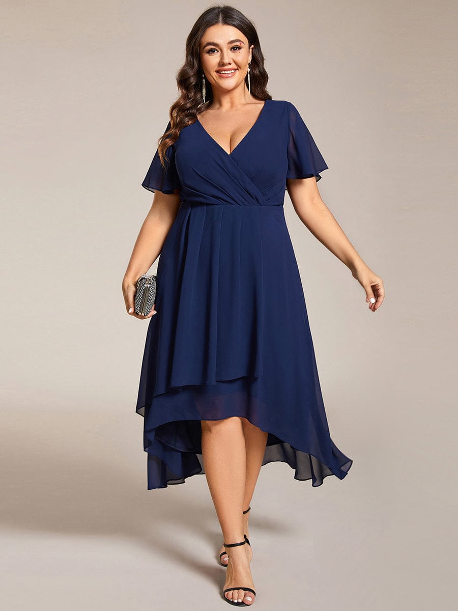 Pleated V-Neck Plus Size High Low Dress with Short Sleeves #color_Navy Blue