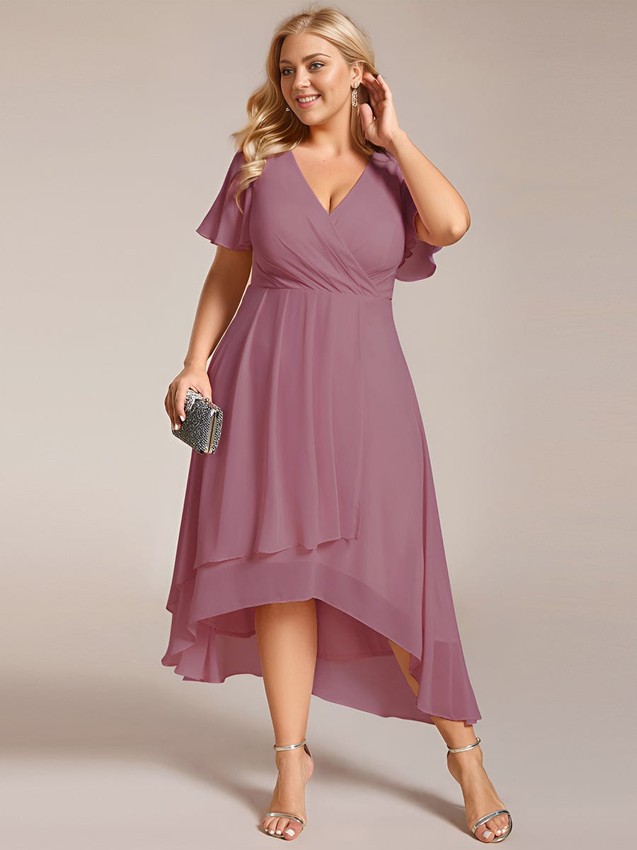 Pleated V-Neck Plus Size High Low Dress with Short Sleeves #color_Purple Orchid