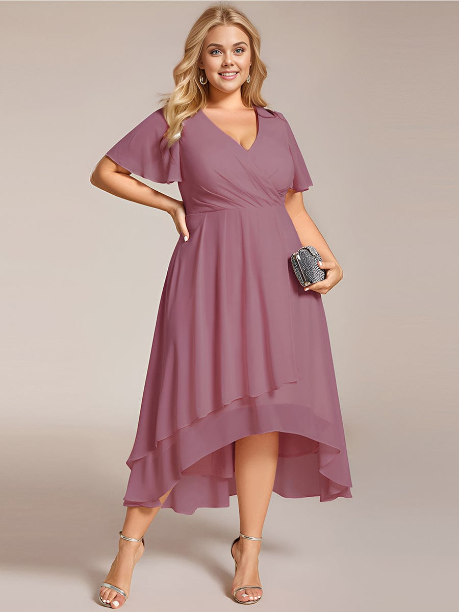 Pleated V-Neck Plus Size High Low Dress with Short Sleeves #color_Purple Orchid