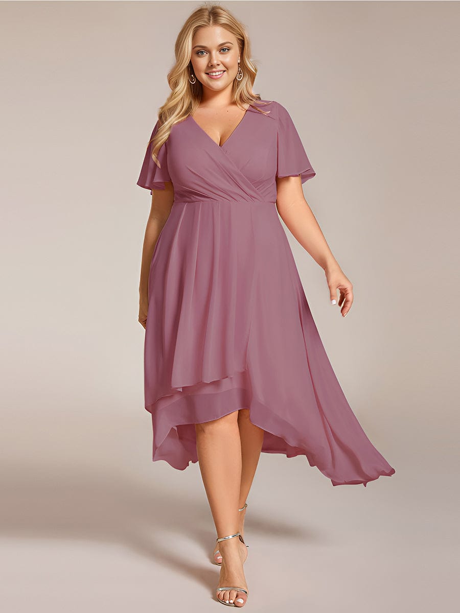 Pleated V-Neck Plus Size High Low Dress with Short Sleeves #color_Purple Orchid