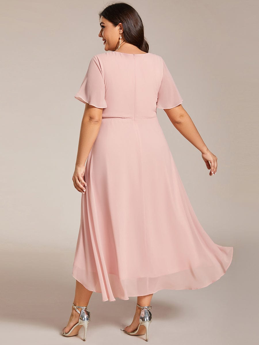 Pleated V-Neck Plus Size High Low Dress with Short Sleeves #color_Pink