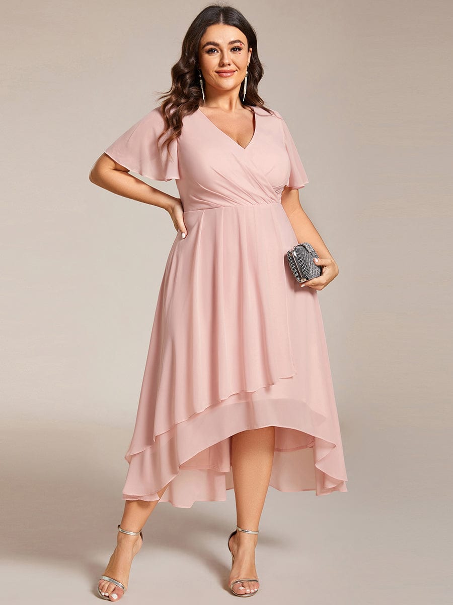 Pleated V-Neck Plus Size High Low Dress with Short Sleeves #color_Pink