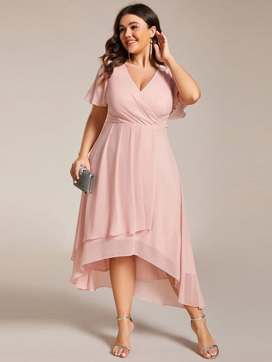 Pleated V-Neck Plus Size High Low Dress with Short Sleeves #color_Pink