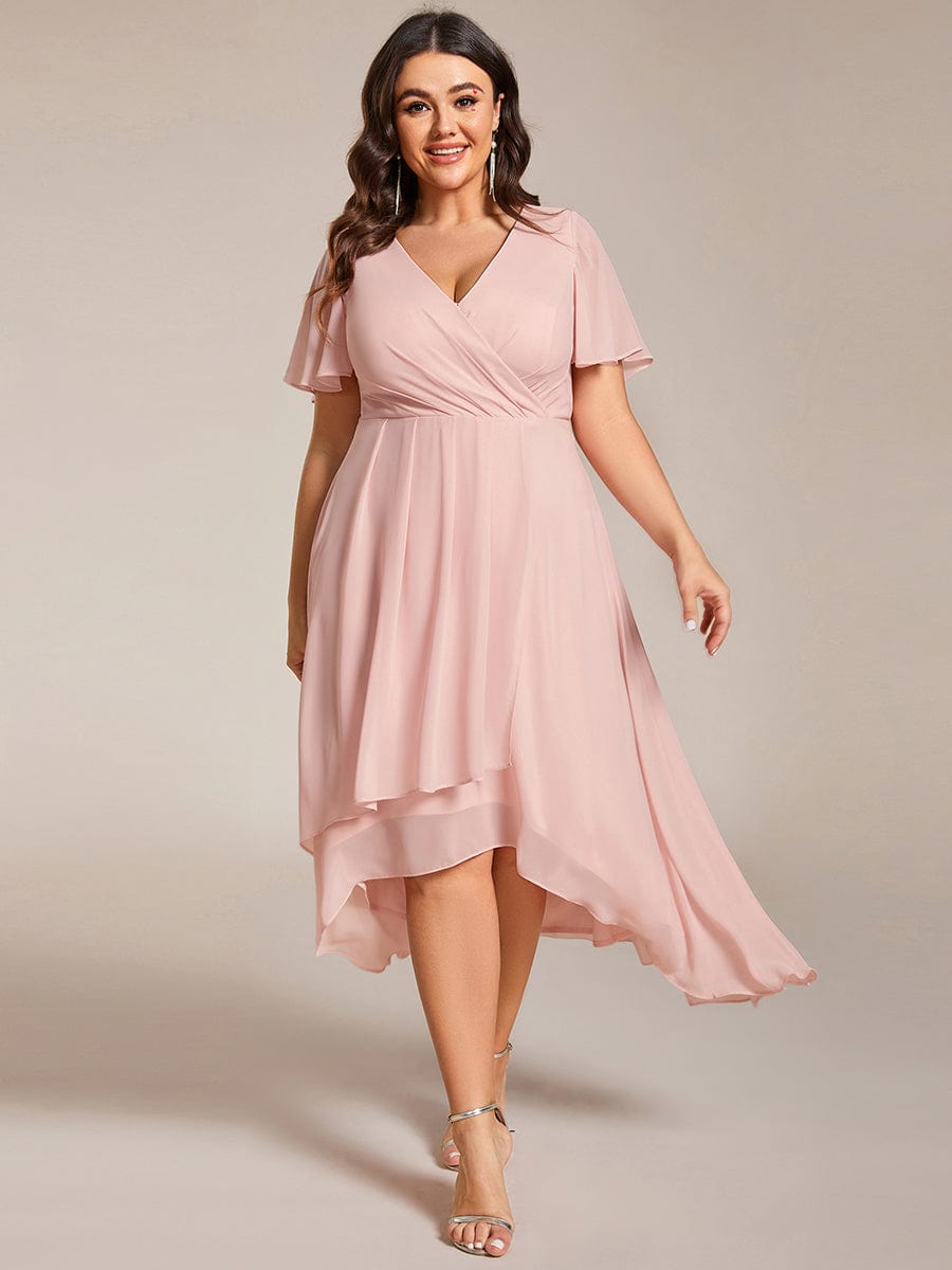 Pleated V-Neck Plus Size High Low Dress with Short Sleeves #color_Pink