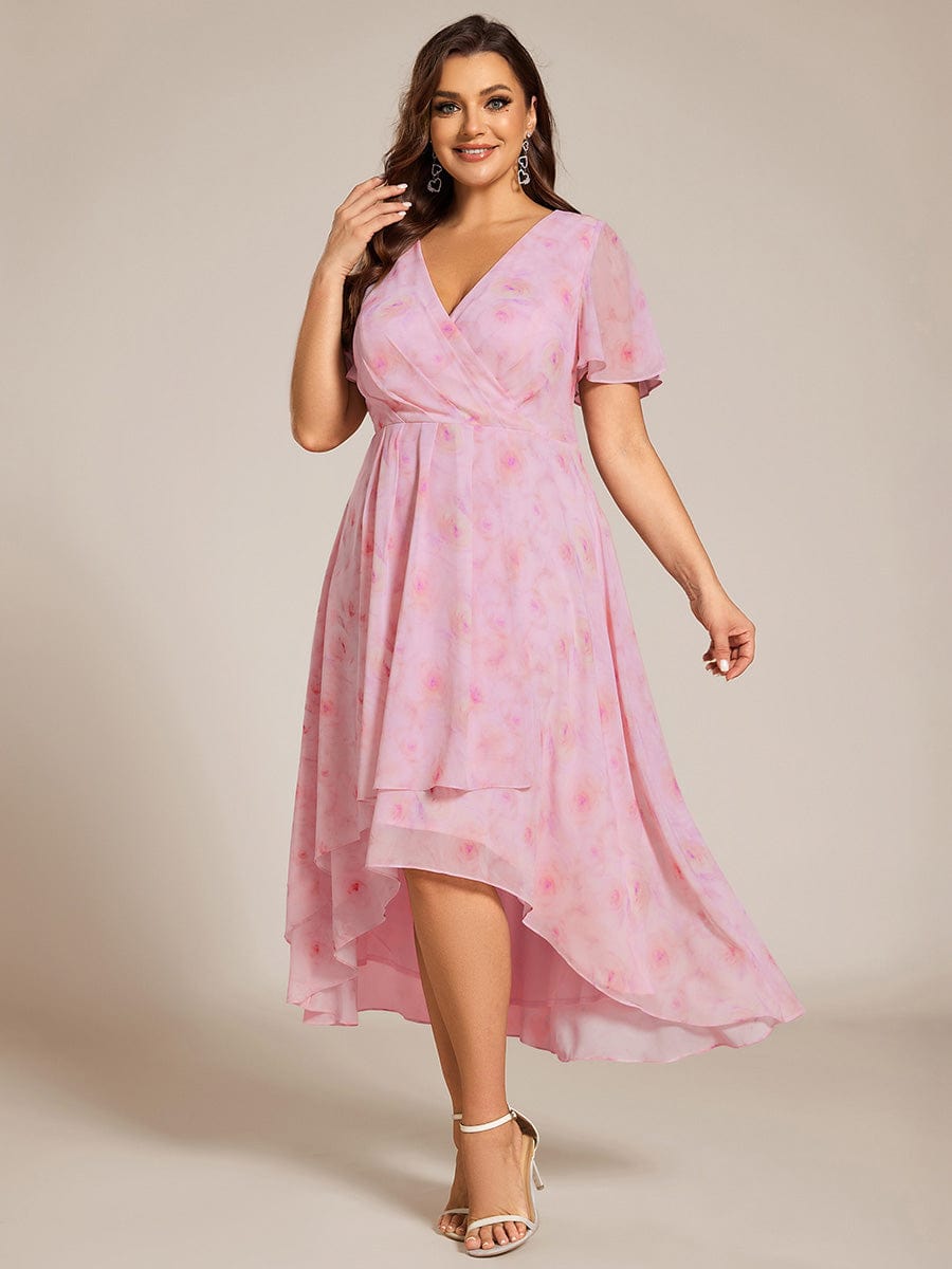 Pleated V-Neck Plus Size High Low Dress with Short Sleeves #color_Light Purple Roses