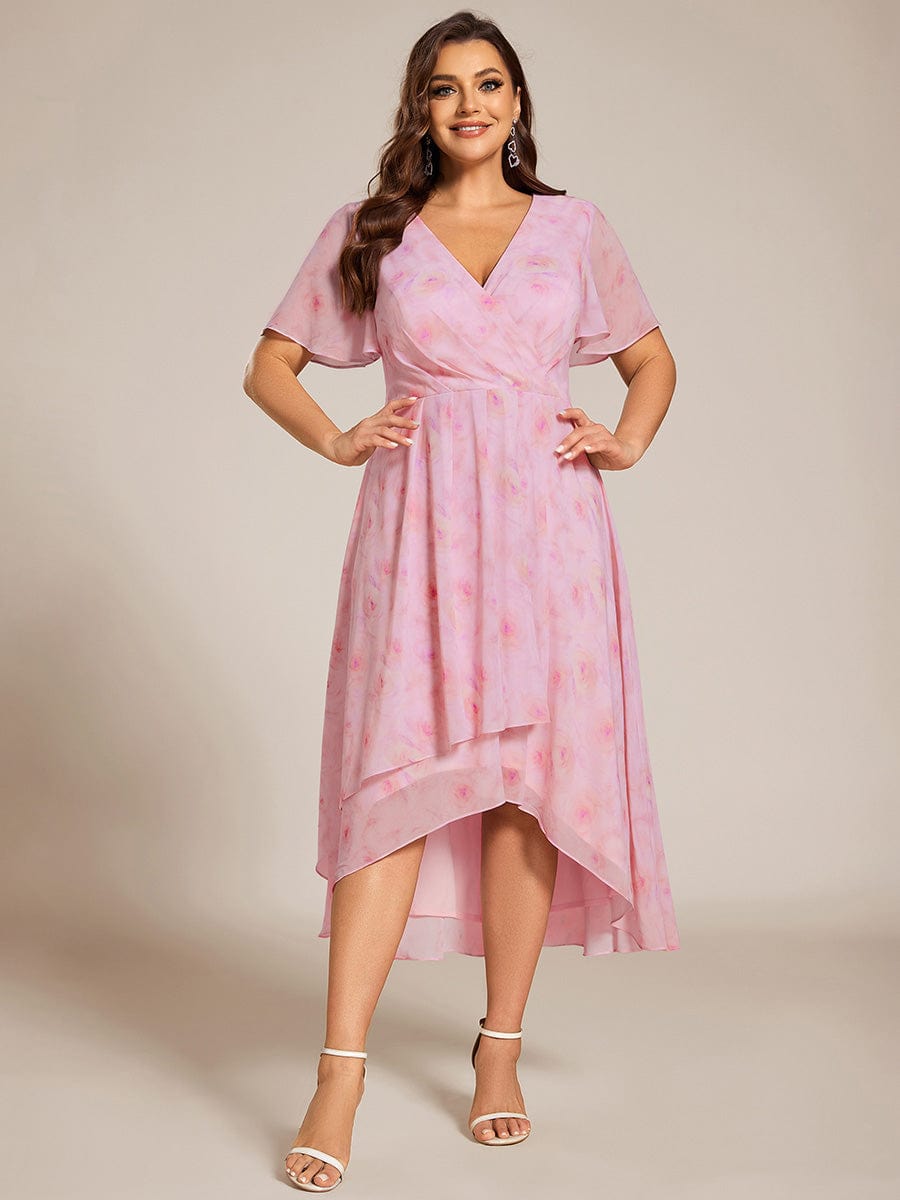 Pleated V-Neck Plus Size High Low Dress with Short Sleeves #color_Light Purple Roses