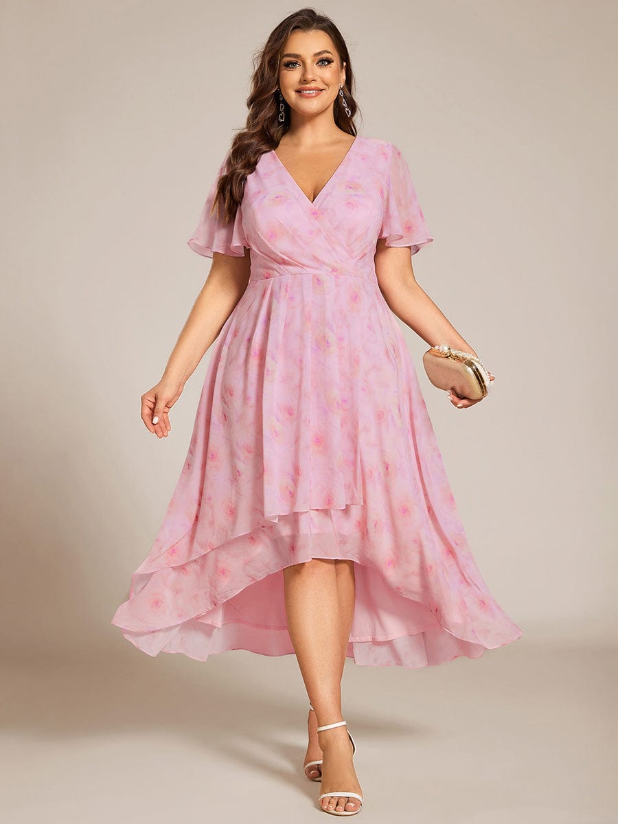 Pleated V-Neck Plus Size High Low Dress with Short Sleeves #color_Light Purple Roses