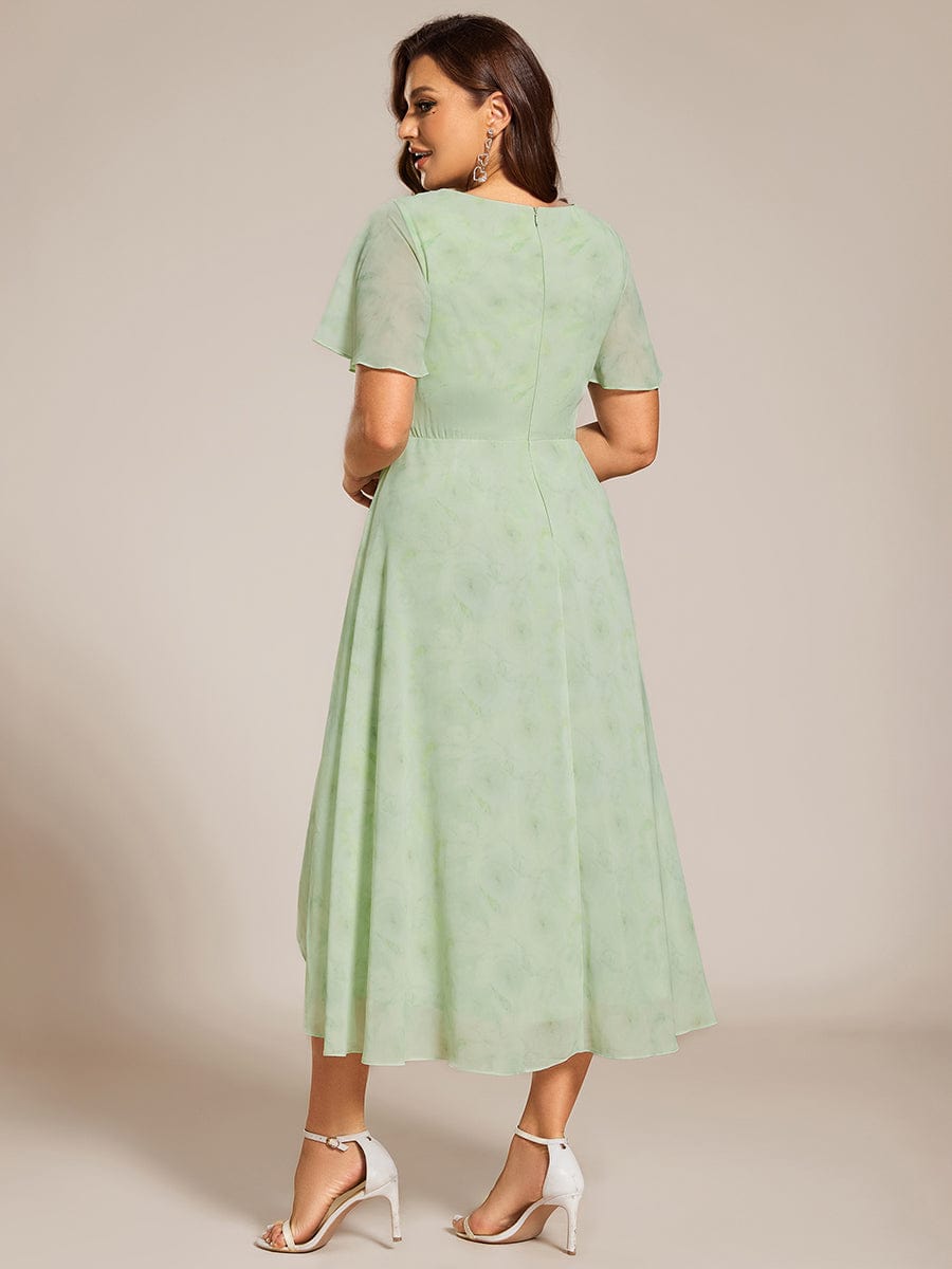 Pleated V-Neck Plus Size High Low Dress with Short Sleeves #color_Light Green Roses