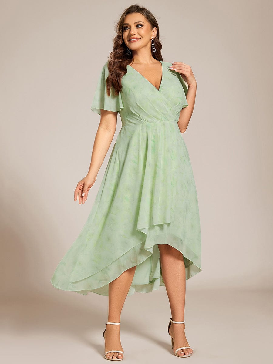 Pleated V-Neck Plus Size High Low Dress with Short Sleeves #color_Light Green Roses