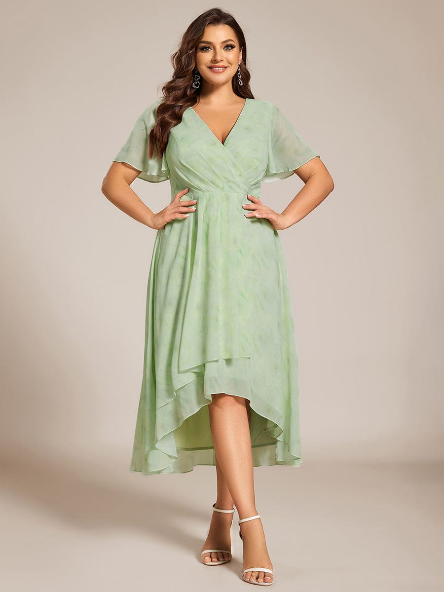 Pleated V-Neck Plus Size High Low Dress with Short Sleeves #color_Light Green Roses