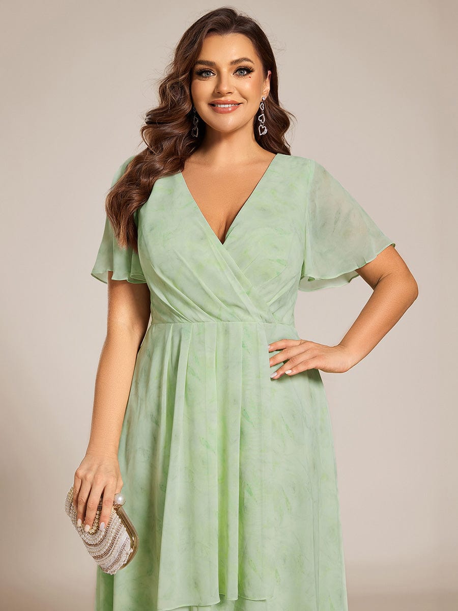 Pleated V-Neck Plus Size High Low Dress with Short Sleeves #color_Light Green Roses