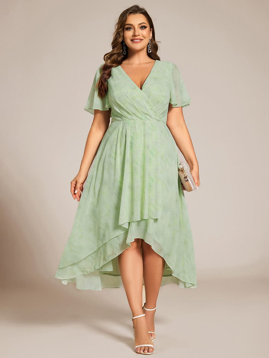 Pleated V-Neck Plus Size High Low Dress with Short Sleeves #color_Light Green Roses