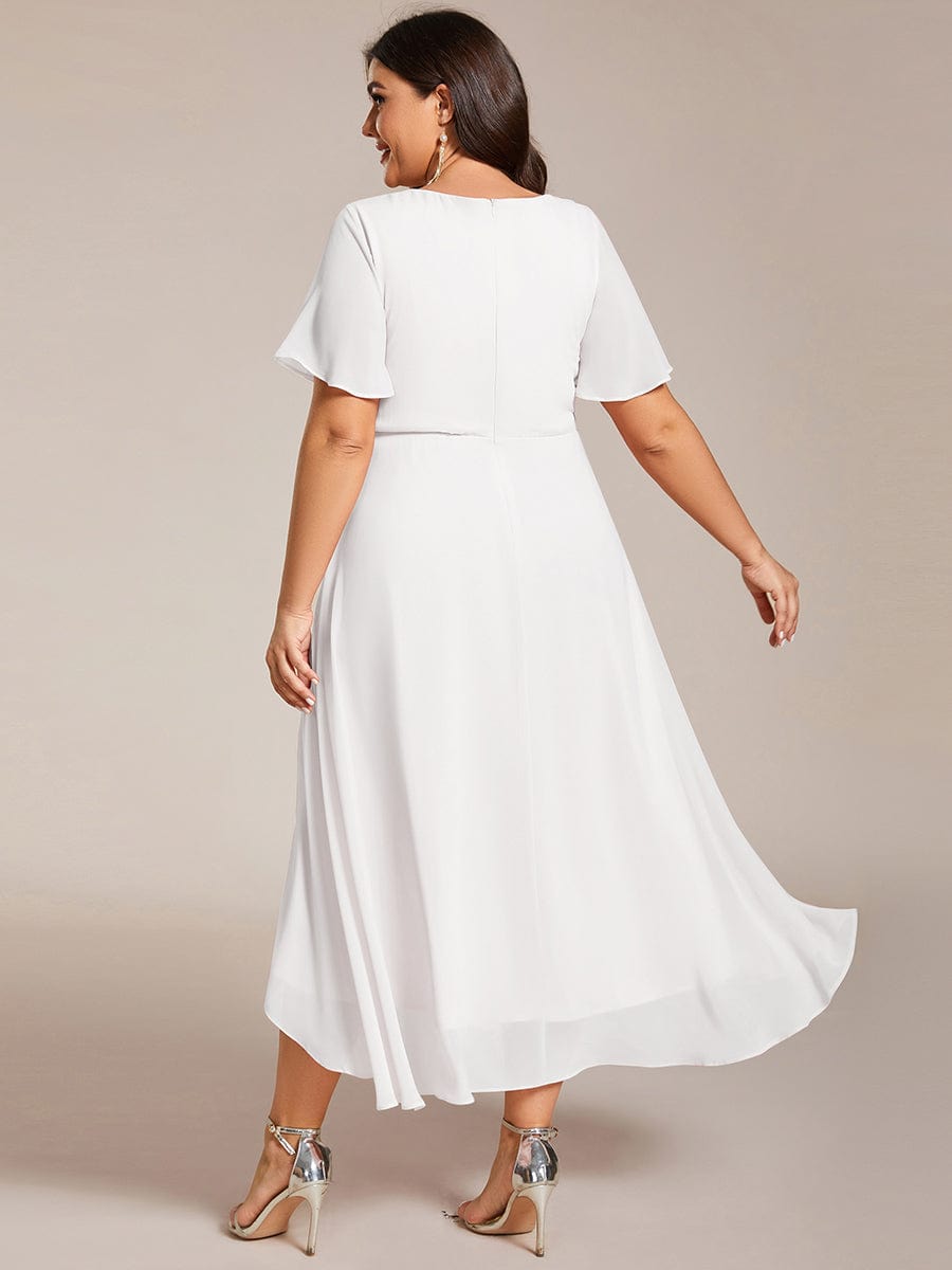 Pleated V-Neck Plus Size High Low Dress with Short Sleeves #color_White