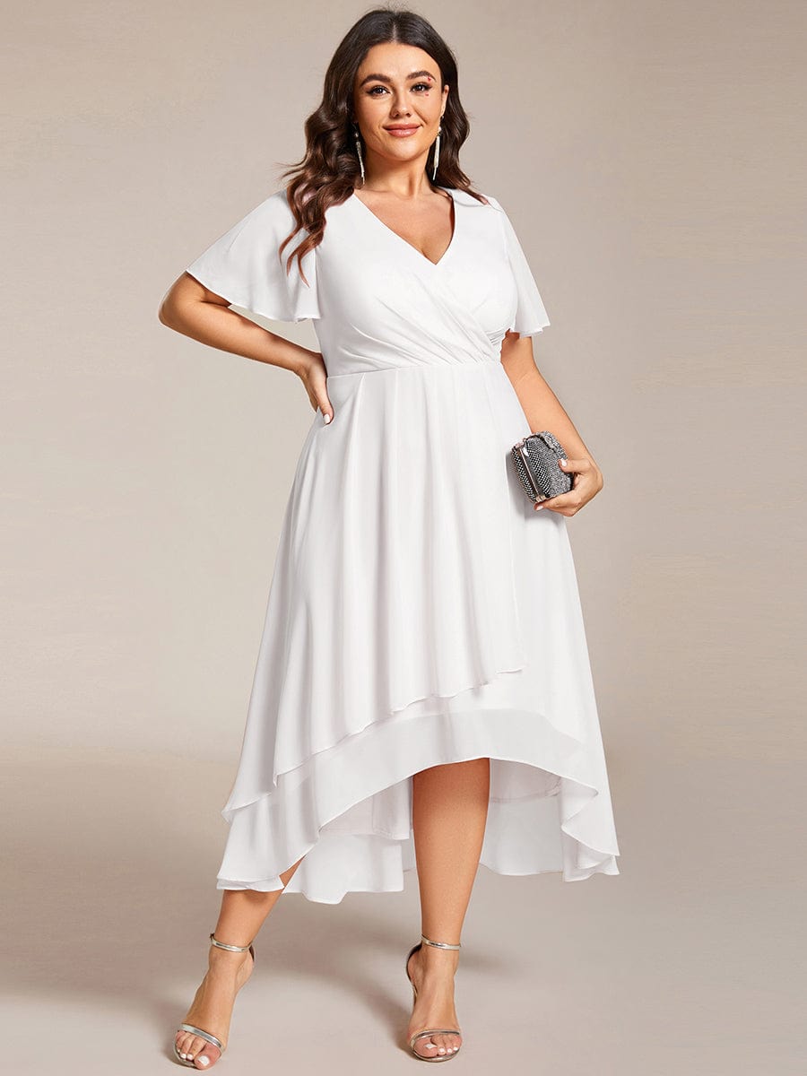 Pleated V-Neck Plus Size High Low Dress with Short Sleeves #color_White