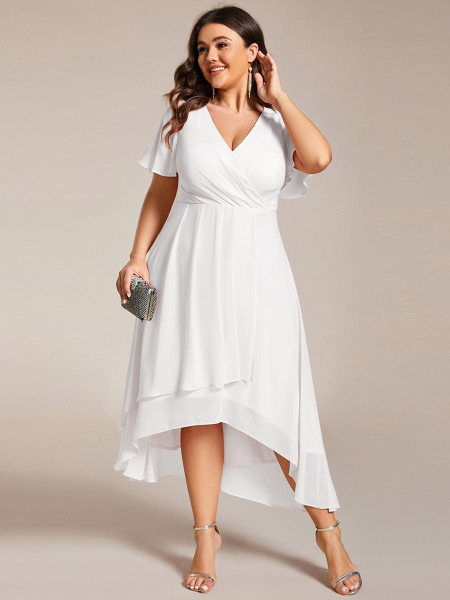 Pleated V-Neck Plus Size High Low Dress with Short Sleeves #color_White