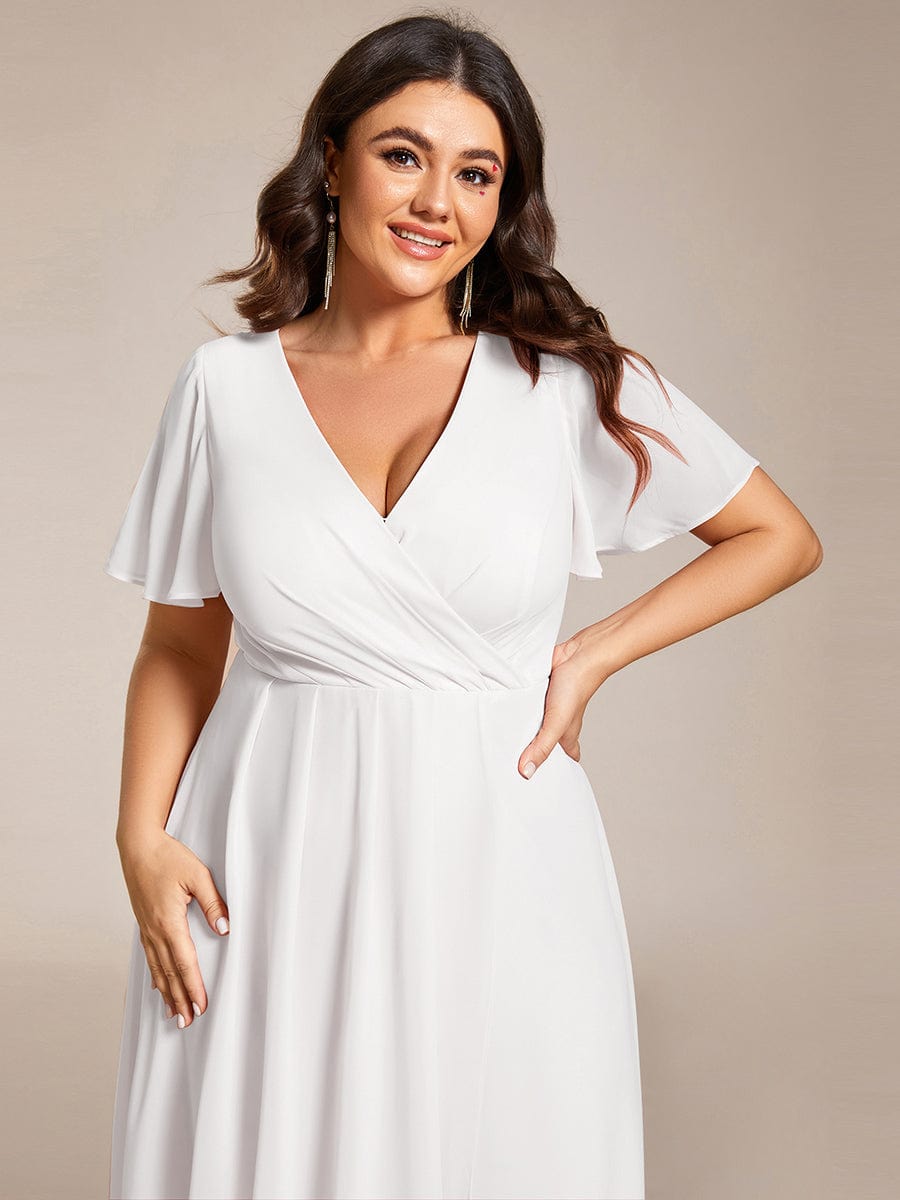 Pleated V-Neck Plus Size High Low Dress with Short Sleeves #color_White