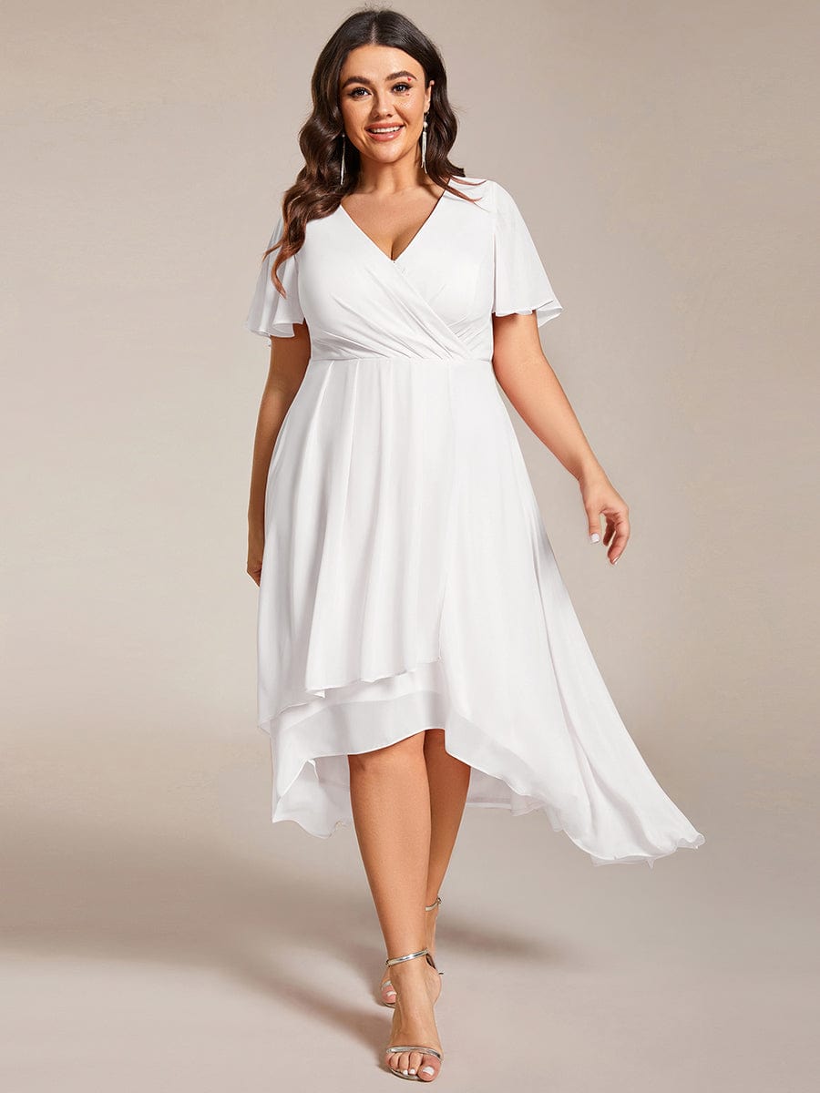 Pleated V-Neck Plus Size High Low Dress with Short Sleeves #color_White