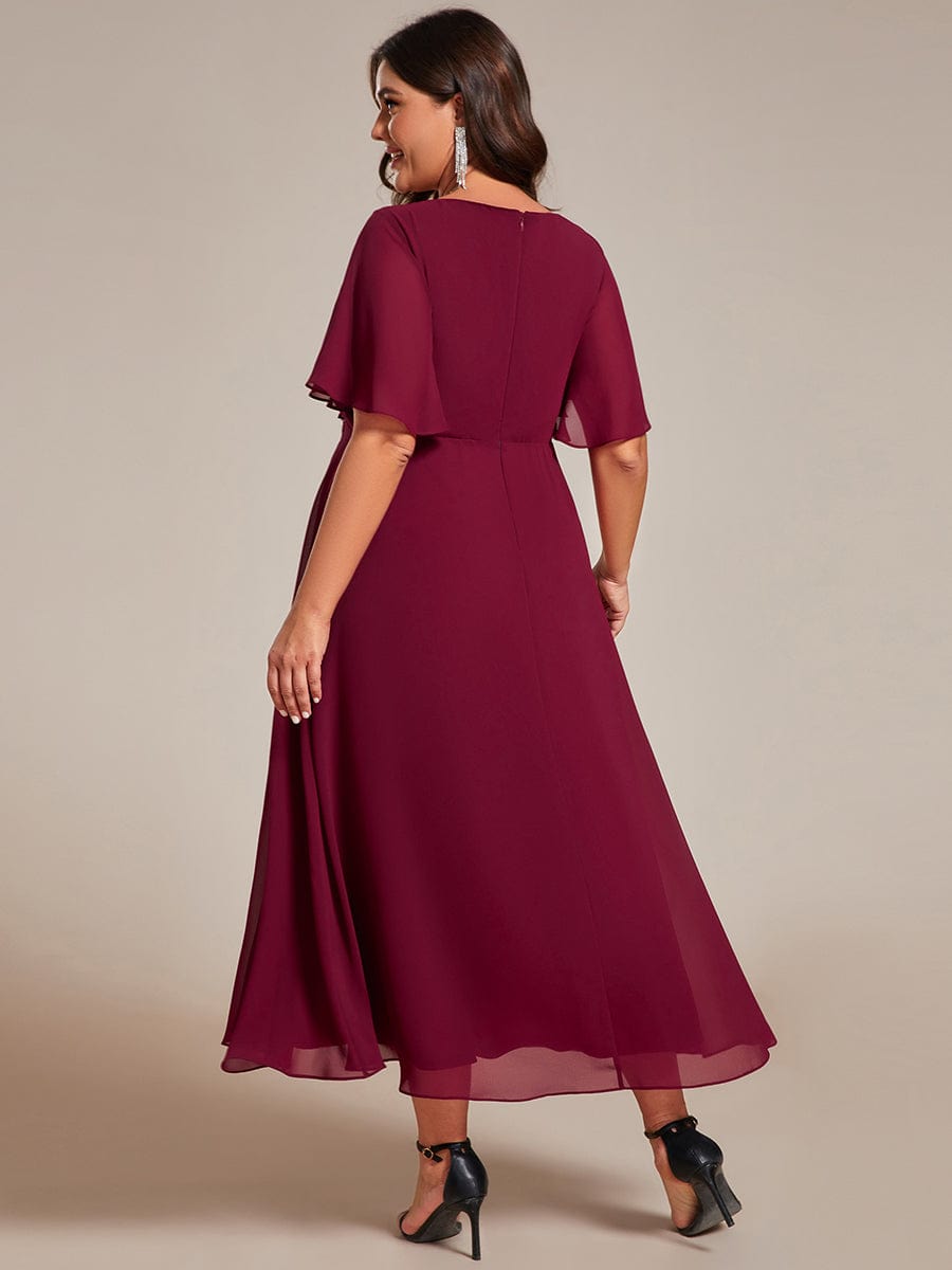 Plus Size V-Neck Waist Applique Midi Dress #color_Burgundy