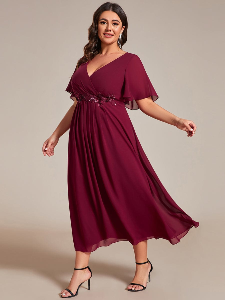 Plus Size V-Neck Waist Applique Midi Dress #color_Burgundy