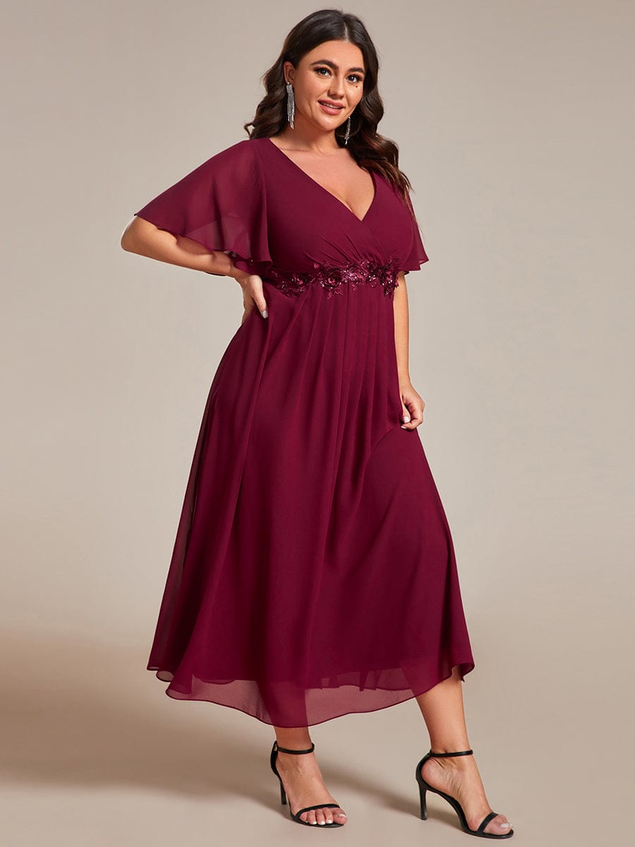 Plus Size V-Neck Waist Applique Midi Dress #color_Burgundy