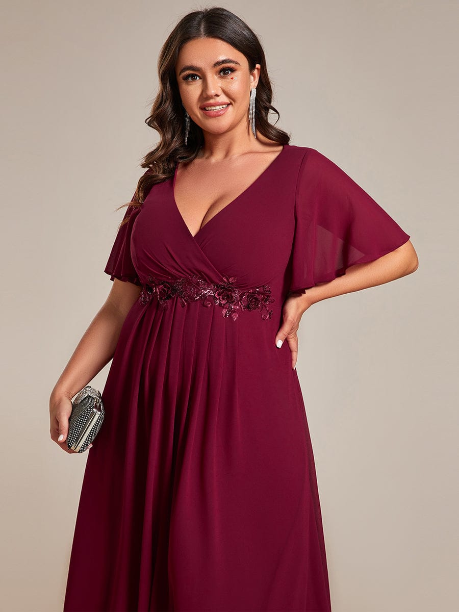 Plus Size V-Neck Waist Applique Midi Dress #color_Burgundy