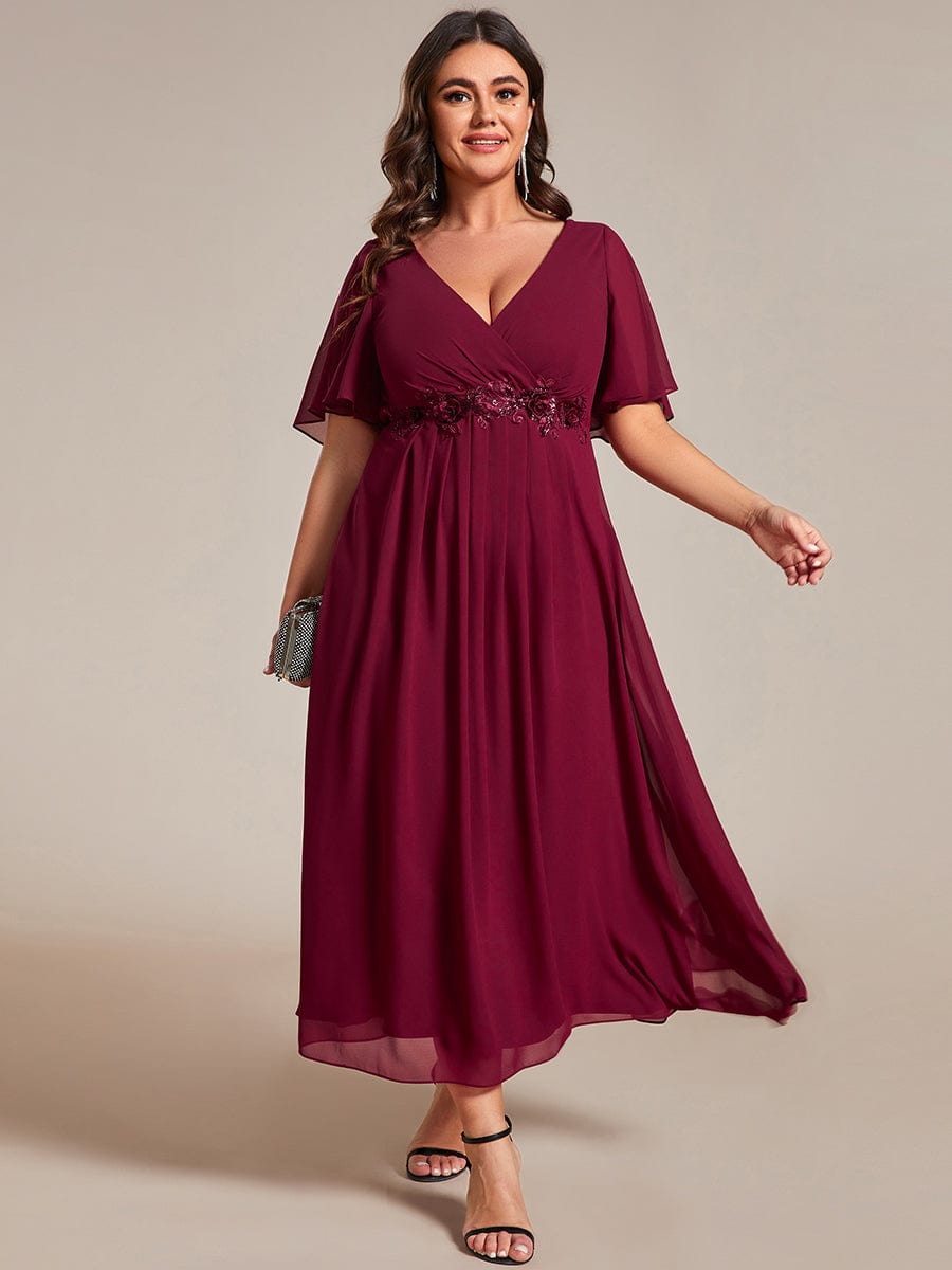 Plus Size V-Neck Waist Applique Midi Dress #color_Burgundy