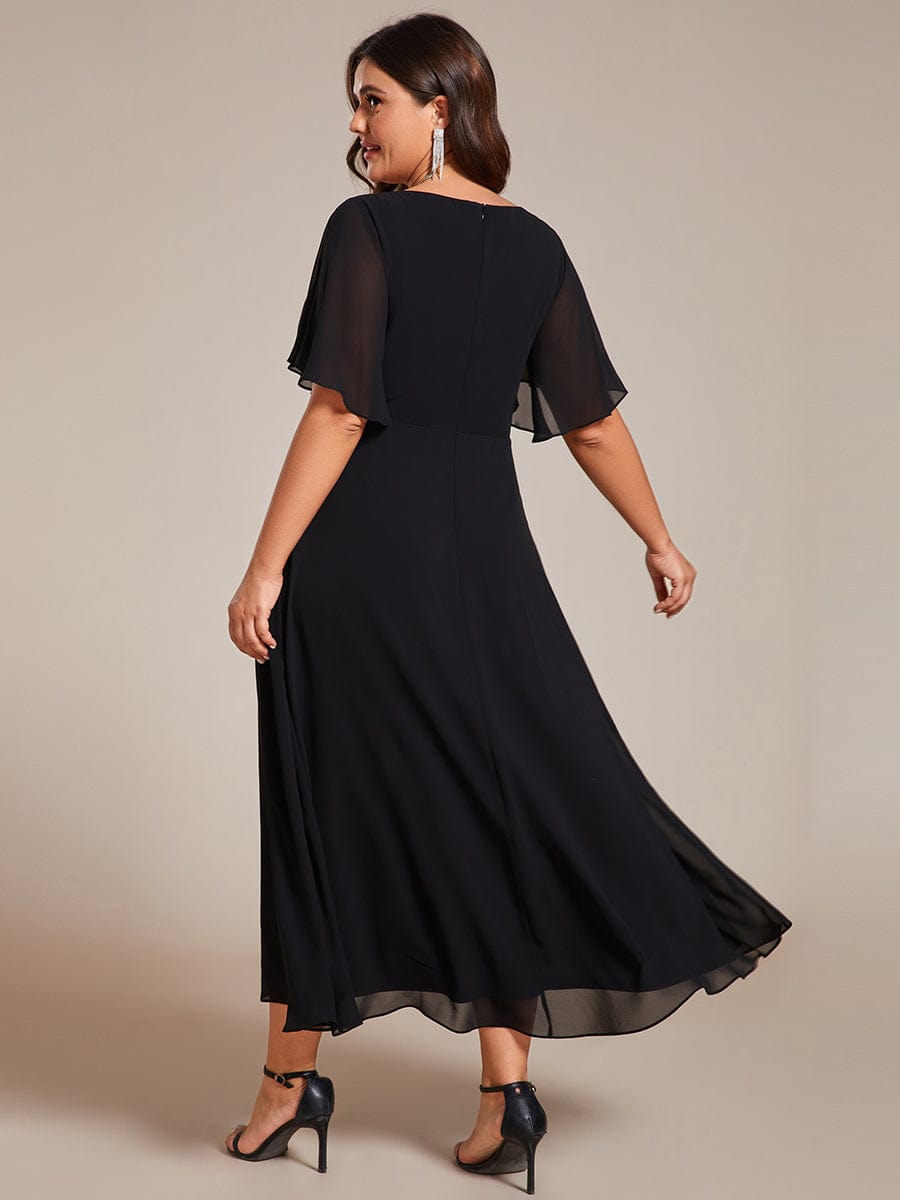 Plus Size V-Neck Waist Applique Midi Dress #color_Black