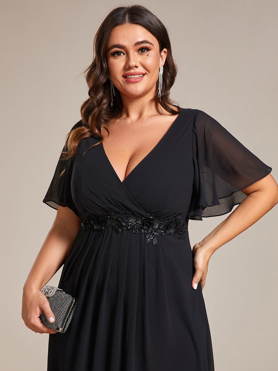 Plus Size V-Neck Waist Applique Midi Dress #color_Black