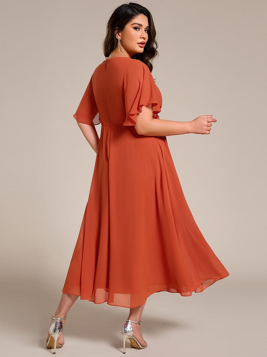 Plus Size V-Neck Waist Applique Midi Dress #color_Burnt Orange