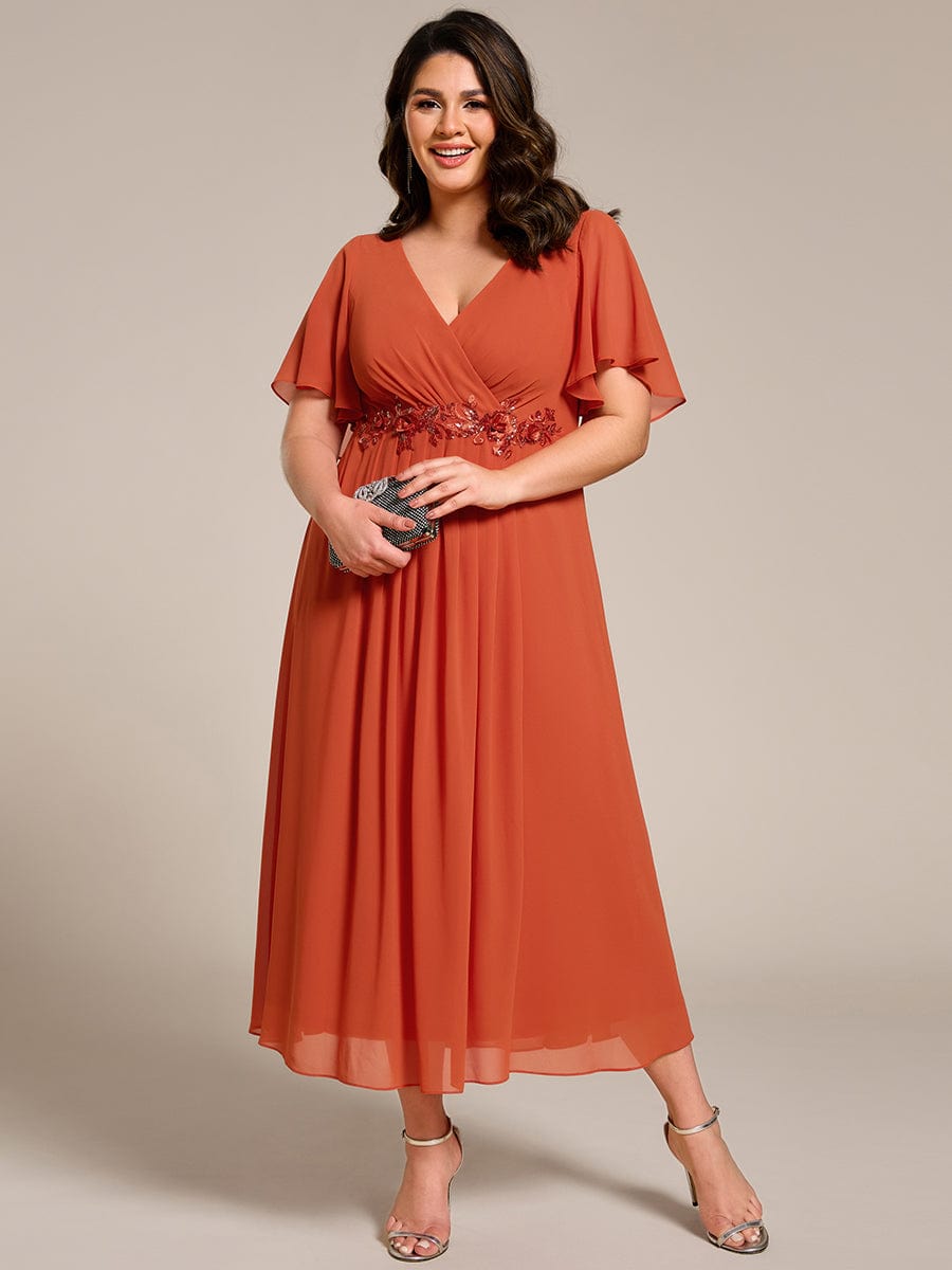 Plus Size V-Neck Waist Applique Midi Dress #color_Burnt Orange