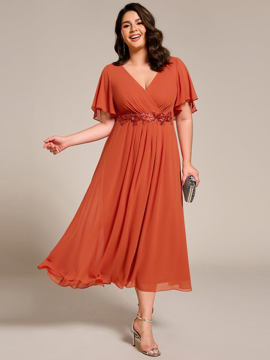 Plus Size V-Neck Waist Applique Midi Dress #color_Burnt Orange