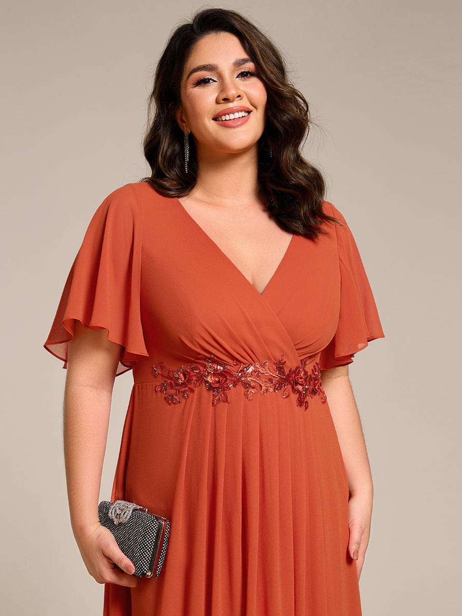 Plus Size V-Neck Waist Applique Midi Dress #color_Burnt Orange