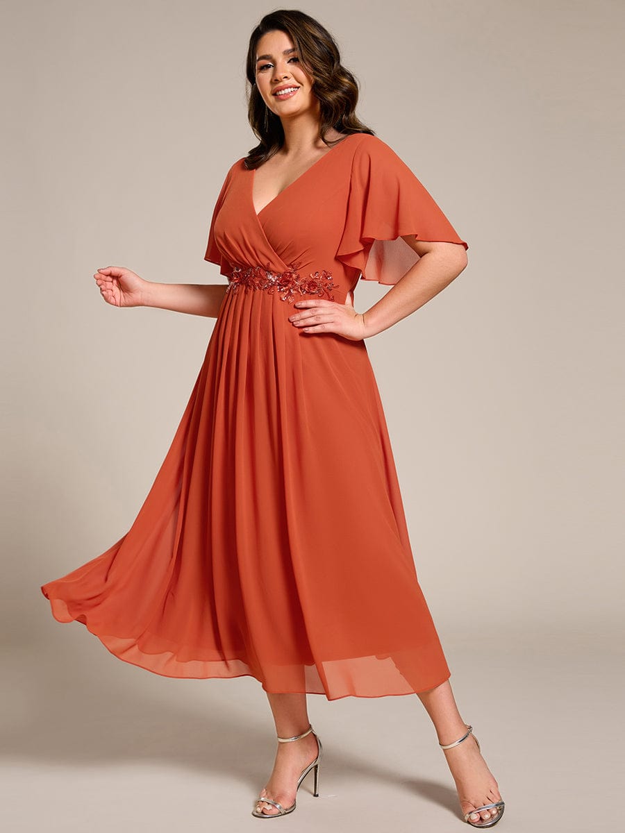 Plus Size V-Neck Waist Applique Midi Dress #color_Burnt Orange