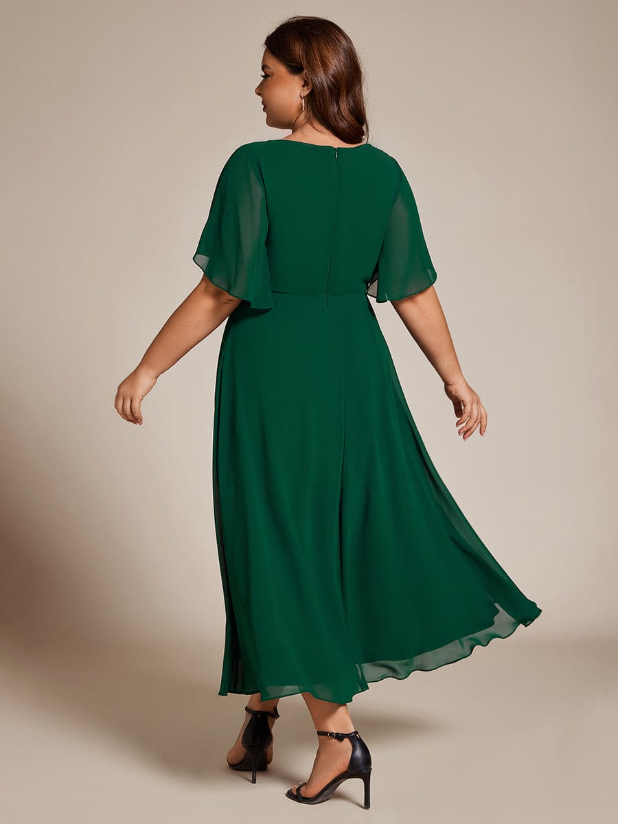 Plus Size V-Neck Waist Applique Midi Dress #color_Dark Green