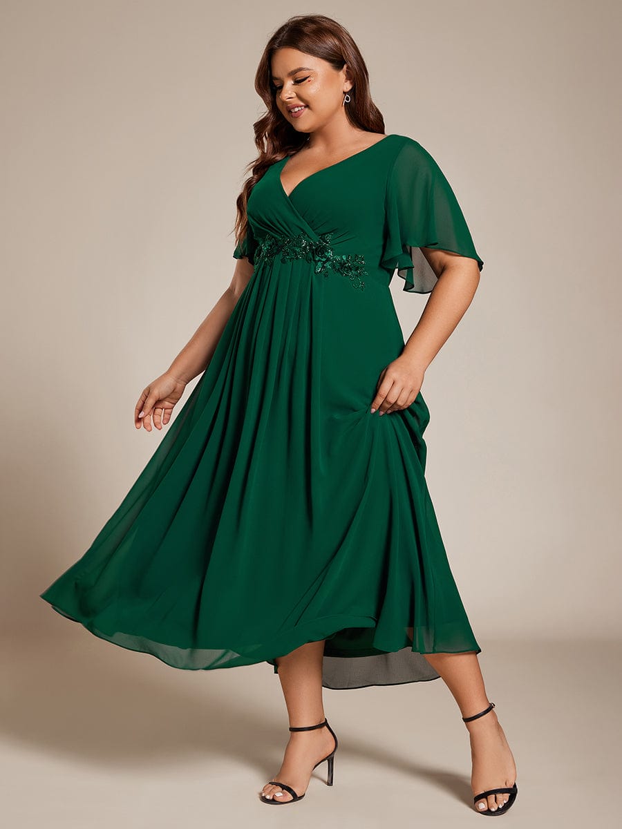 Plus Size V-Neck Waist Applique Midi Dress #color_Dark Green