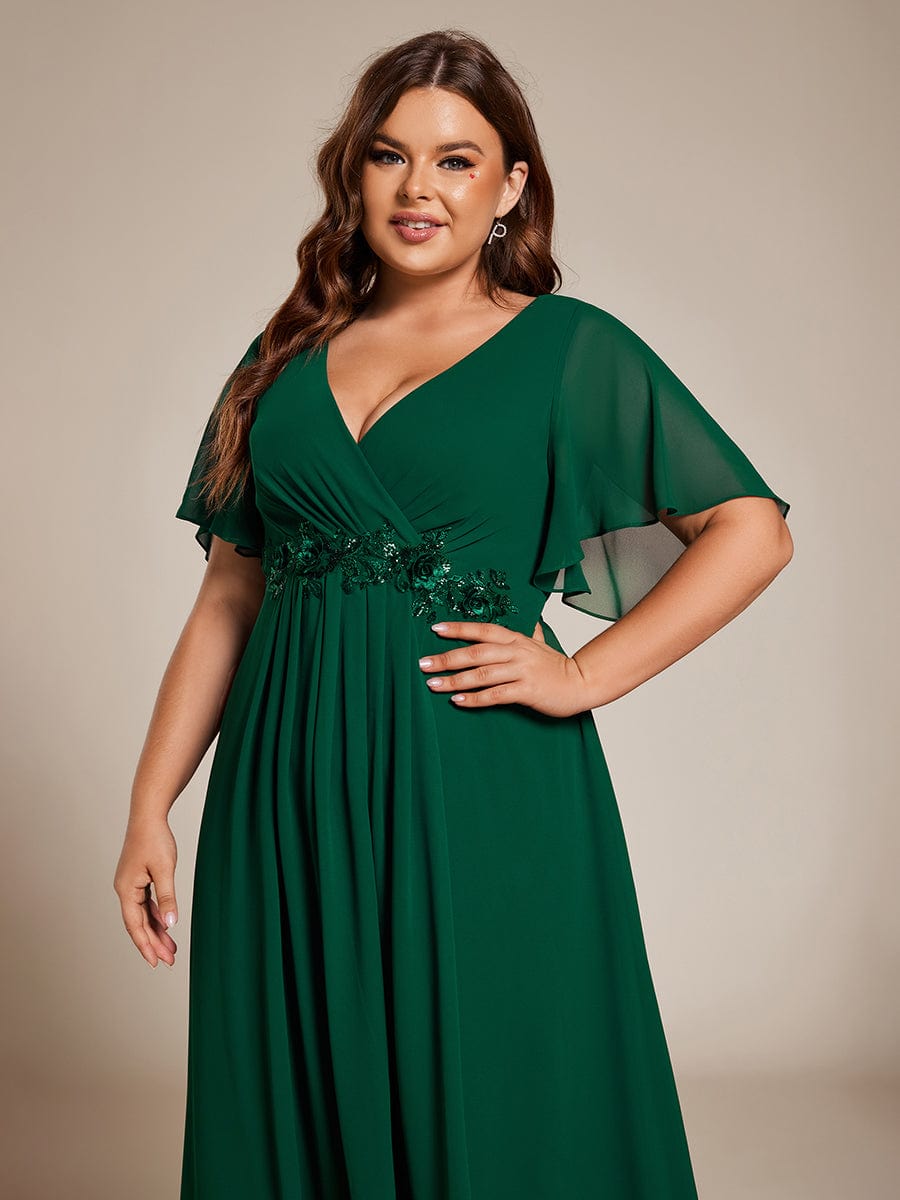 Plus Size V-Neck Waist Applique Midi Dress #color_Dark Green